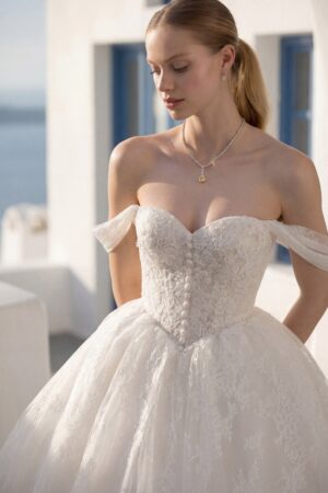 Detalje af Tulle brudekjolens blondeoverdel og off-shoulder-stropper