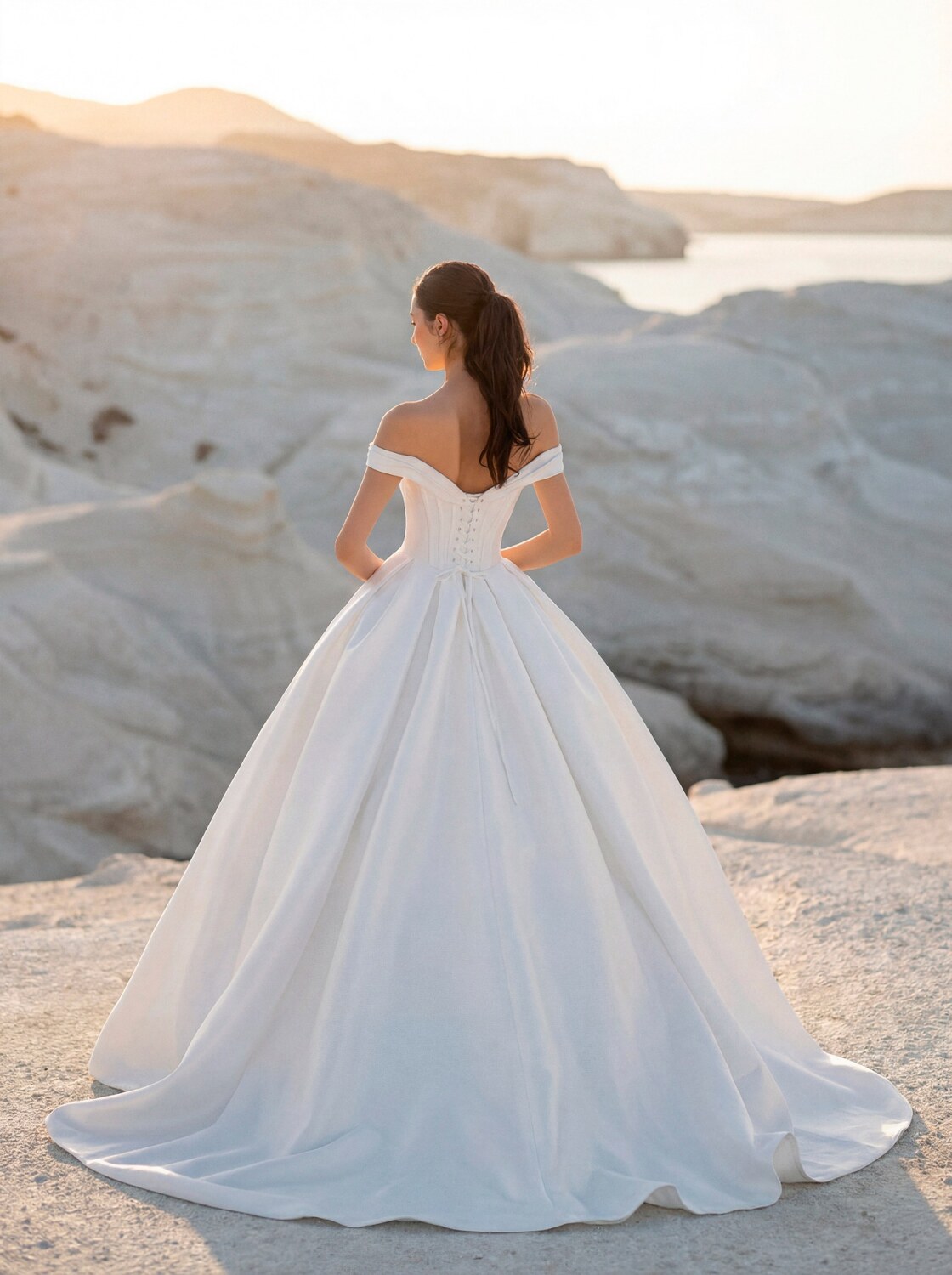 Tyler Ball Gown brudekjole set bagfra med korsetlukning og slæb
